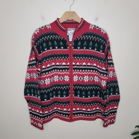 Vintage Sweaters - Vintage Heirloom Collectibles Christmas Tree Snowflake Knit Zip Front Cardigan